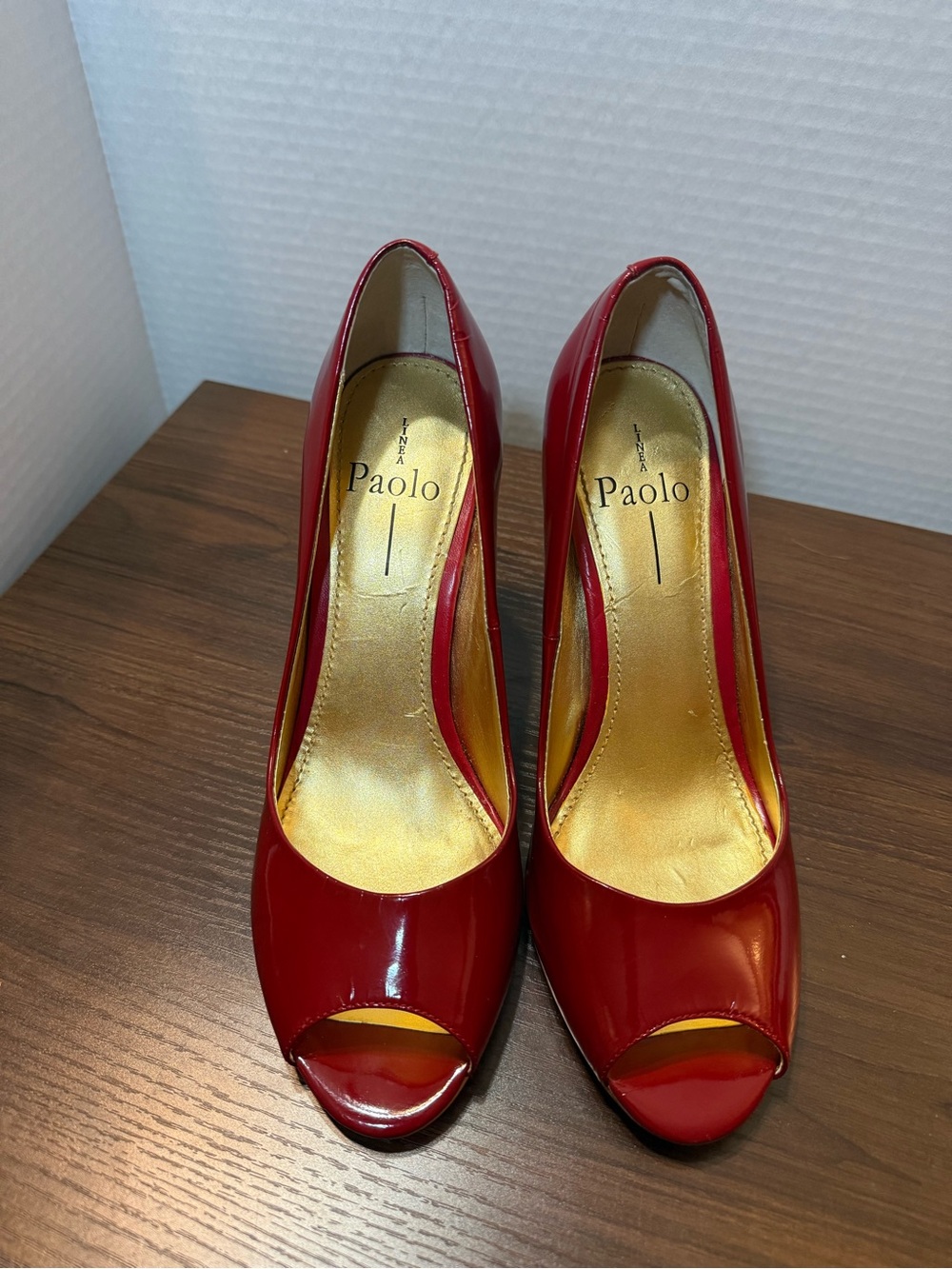 Paolo Red Patent Leather Block Heel Peeptoe Pumps Size 8.5
